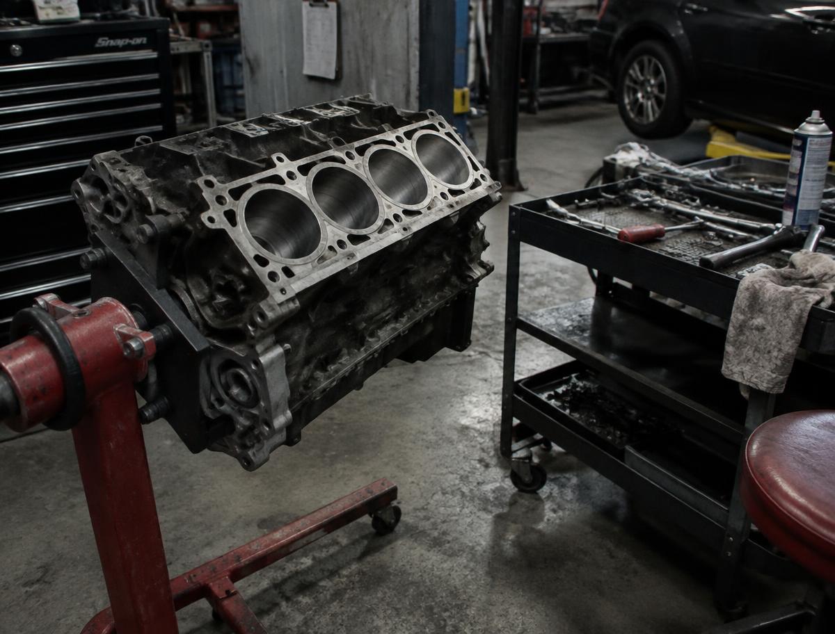 Engine block on a stand mid-rebuild in the shop