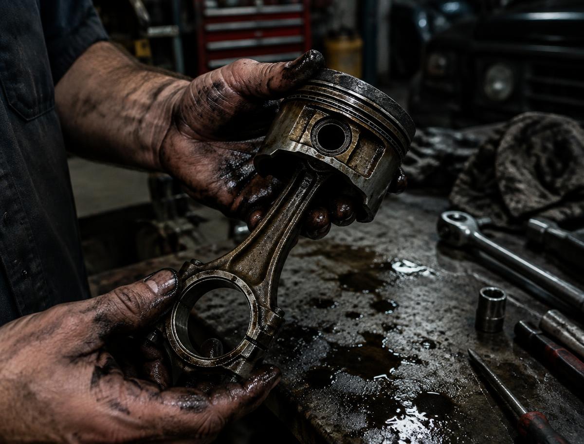 Mechanic's greasy hands holding a worn piston